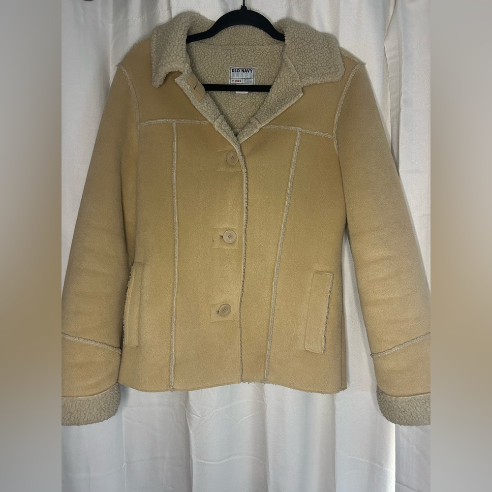 Vintage Old Navy Beige Sherpa Lined Raw Hem Button Jacket Barn Coat Size L‎